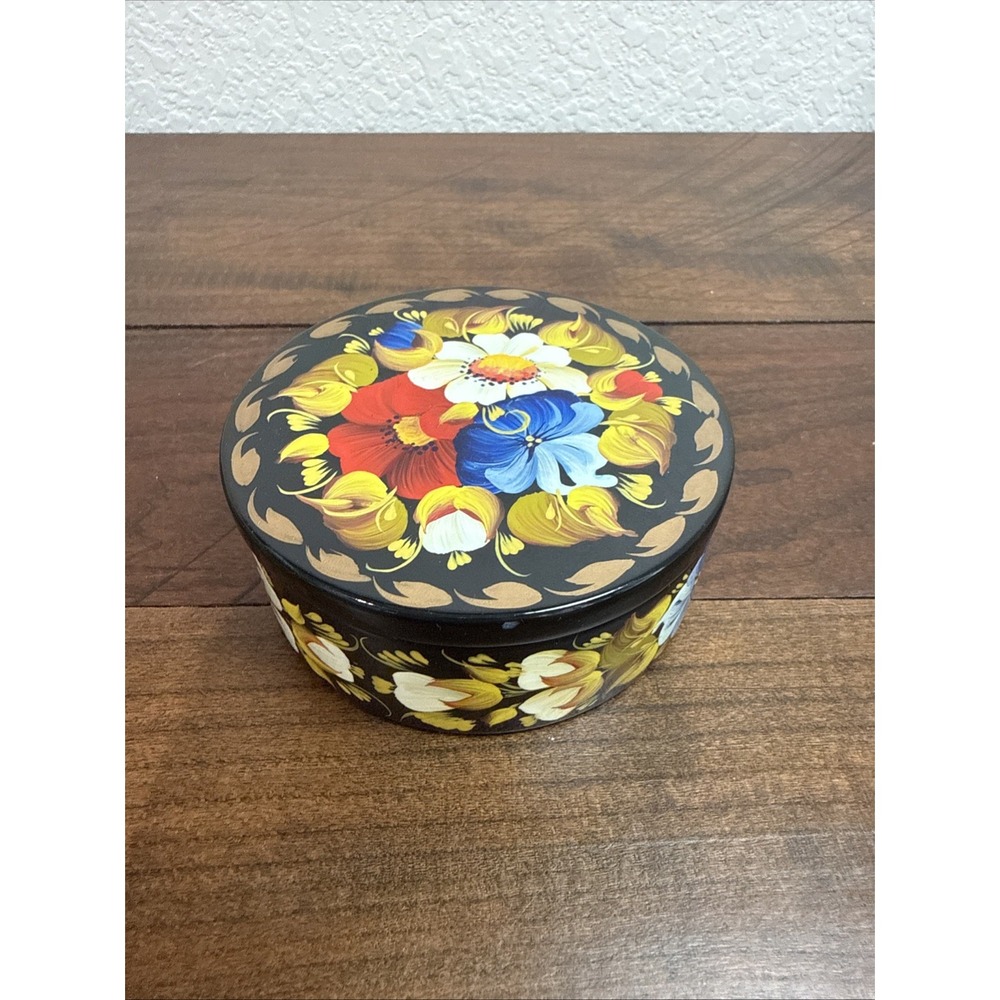 Original VTG Lacquer Ware  Wood Round PAINTED FLORAL STASH Trinket BOX